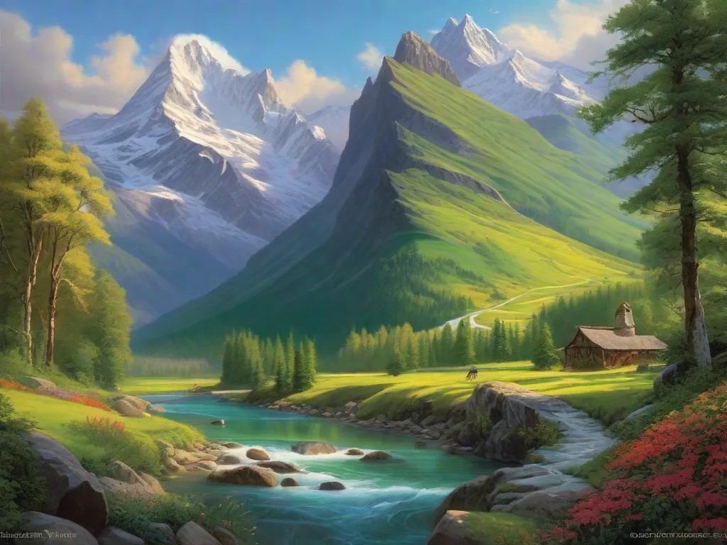 Na imagem, uma paisagem majestosa se desdobra diante de nossos olhos. Montanhas imponentes com picos cobertos de neve erguem-se altas, enquanto vales verdejantes se estendem abaixo. Um rio sinuoso serpenteia pela cena, refletindo as cores vibrantes da flora ao redor. Esta vista cativante incorpora o gênio de construção de mundo de J.R.R. Tolkien
