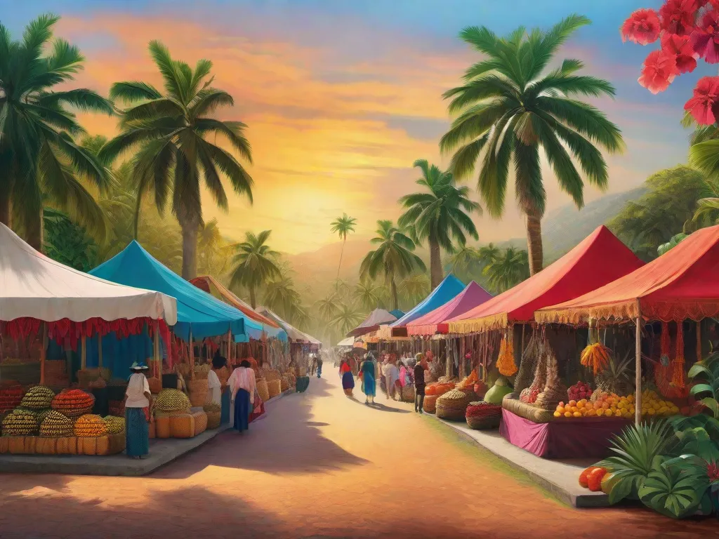 Uma imagem vibrante de uma exuberante paisagem tropical, com altas palmeiras balançando ao vento. Em primeiro plano, um mercado colorido ganha vida, repleto de frutas exóticas, tecidos vibrantes e bugigangas místicas. O ar está impregnado com o cheiro de flores e os sons de conversas animadas. Essa imagem captura a essência do realismo mágico de Gabriel