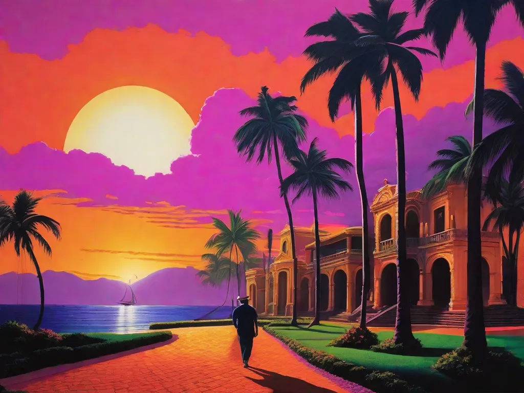 Uma imagem vibrante de uma exuberante paisagem tropical, com palmeiras imponentes balançando ao vento. No primeiro plano, uma figura solitária caminha ao longo de um caminho de paralelepípedos, sua silhueta envolta em mistério. O céu acima está em chamas com tons de laranja e roxo, como se o próprio ar estivesse impregnado com o enc