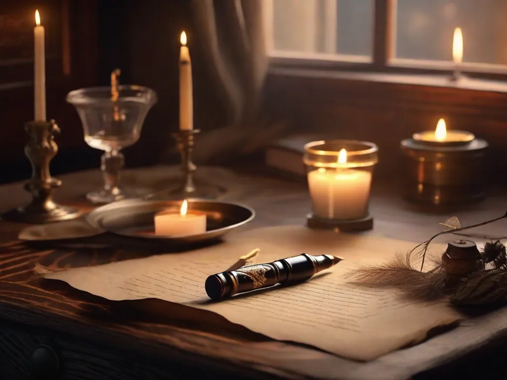 Na imagem, uma escrivaninha de madeira antiga é adornada com uma elegante pena de escrever, um tinteiro e uma pilha de cartas amareladas amarradas com uma fita de seda. A luz suave do sol passa por uma janela aberta, lançando um brilho quente nas cartas escritas à mão que contam histórias de amor, saudade e segredos.