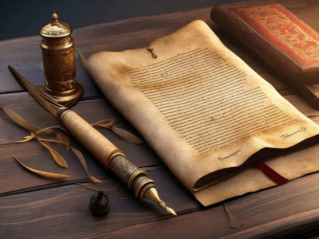 Descrição da imagem: Um pergaminho antigo está aberto em uma mesa de madeira, adornado com penas de escrever e um tinteiro. O pergaminho está preenchido com palavras meticulosamente escritas à mão, exibindo a arte da oratória e da retórica na literatura antiga.