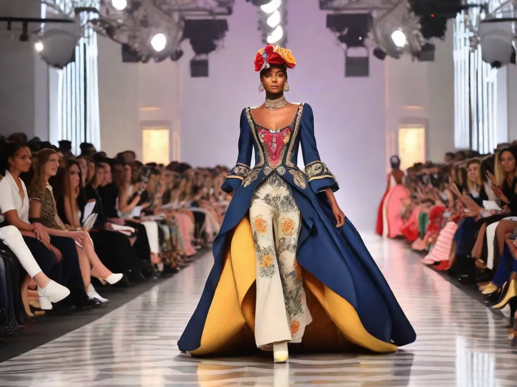 Descrição da imagem: Uma passarela de moda com modelos desfilando usando roupas avant-garde inspiradas em obras literárias famosas. As roupas apresentam detalhes intricados e cores ousadas que capturam a essência dos livros que representam. A plateia está cativada pela fusão única de literatura e moda, criando uma experiência visualmente deslumbrante e intelectualmente estimulante.