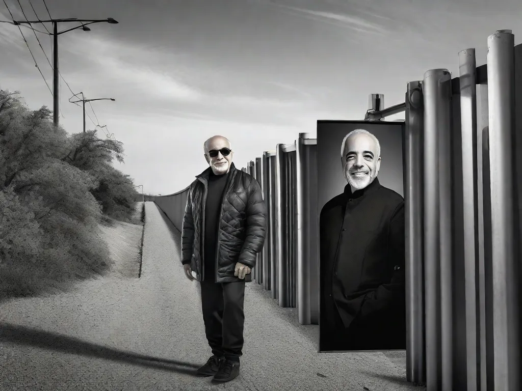 Uma fotografia em preto e branco de Paulo Coelho em pé em uma fronteira, simbolizando sua jornada de atravessar fronteiras e transcender barreiras culturais através de sua vida e obra internacionalmente aclamada. Seus olhos refletem determinação e curiosidade enquanto ele adentra o desconhecido, pronto para conquistar novos territórios com suas palavras.
