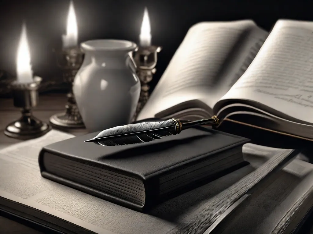Uma imagem em preto e branco de uma pena de escrever descansando sobre um livro vintage, simbolizando o poder das palavras na literatura de Victor Hugo. A pena está delicadamente colocada em uma página com uma citação destacada, capturando a essência do romance e da revolução em seus escritos.