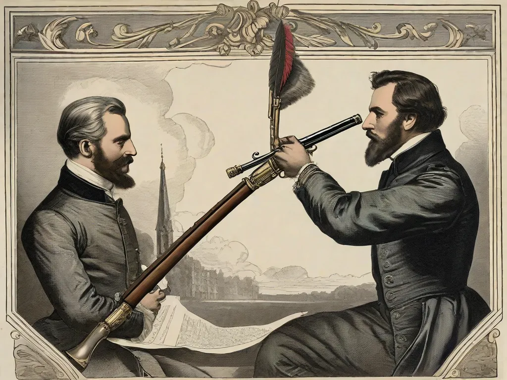 Na imagem, uma pena de escrever e um mosquete estão entrelaçados, simbolizando a combinação de romantismo e revolução nas obras de Victor Hugo. A pena representa seu estilo de escrita poética e imaginativa, enquanto o mosquete representa seu envolvimento em movimentos políticos e sociais. Juntos, eles ilustram como Hugo fundiu perfeitamente os reinos da arte e do ativismo.