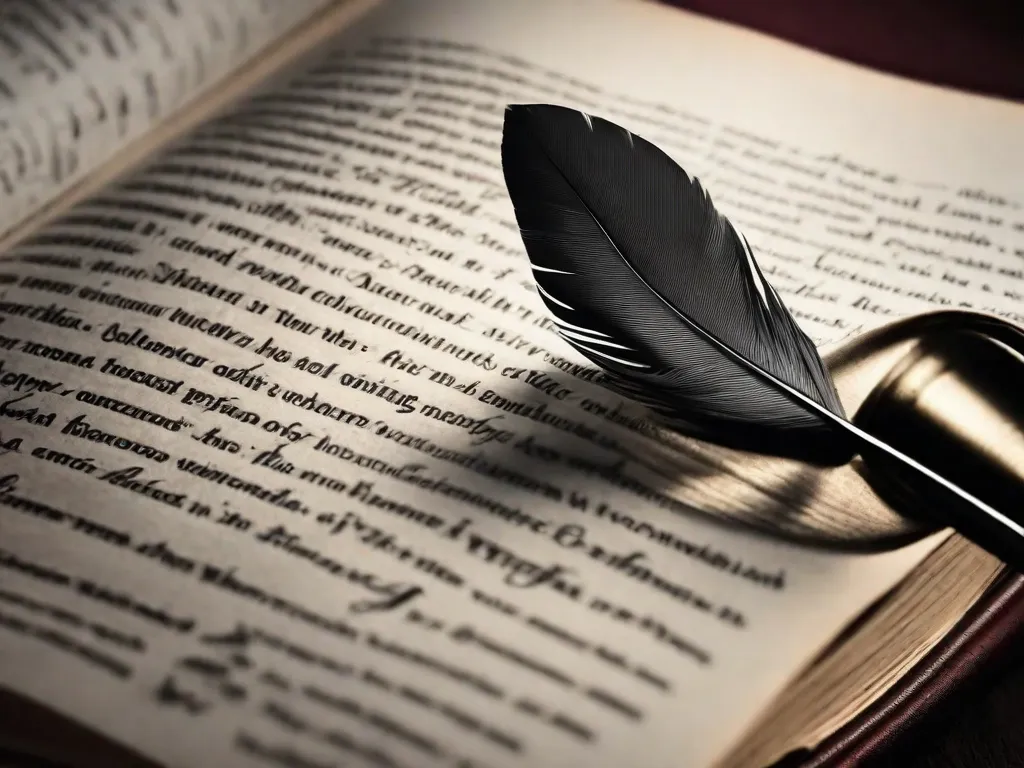 Uma imagem em preto e branco de uma pena de escrever descansando sobre um livro vintage, simbolizando o poder das palavras na literatura de Victor Hugo. A pena está delicadamente colocada em uma página com uma citação destacada, capturando a essência do romance e da revolução em seus escritos.