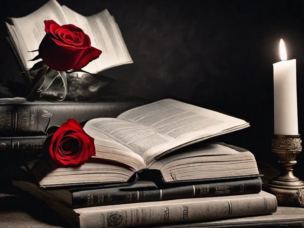 Uma imagem em preto e branco de uma pena de escrever descansando em cima de uma pilha de livros antigos, com uma única rosa vermelha colocada delicadamente em cima. A iluminação suave lança sombras, evocando uma sensação de mistério e encantamento, simbolizando o romantismo e o espírito revolucionário encontrados na literatura de Victor Hugo.