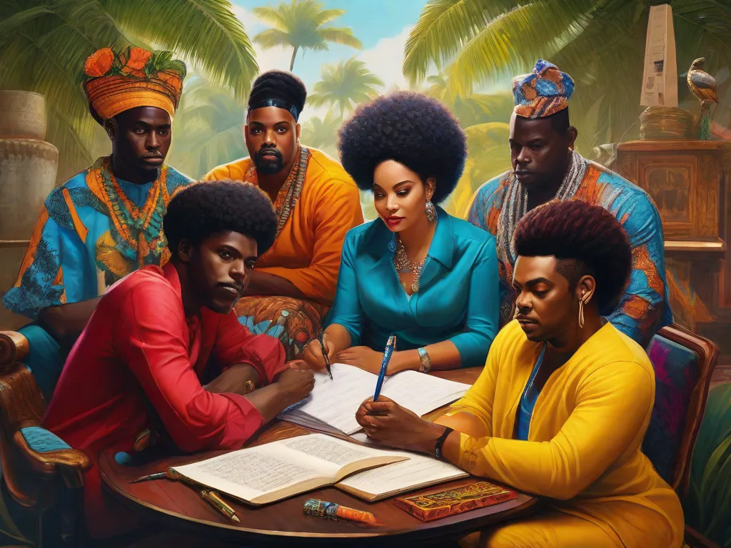 Descrição da imagem:
Uma pintura vibrante retratando um grupo de escritores afro-brasileiros sentados juntos, com suas canetas prontas sobre o papel, cercados por símbolos e elementos inspirados na cultura Yorubá. As cores são ousadas e expressivas, refletindo a riqueza e diversidade da literatura afro-brasileira influenciada pelas tradições Yorubá