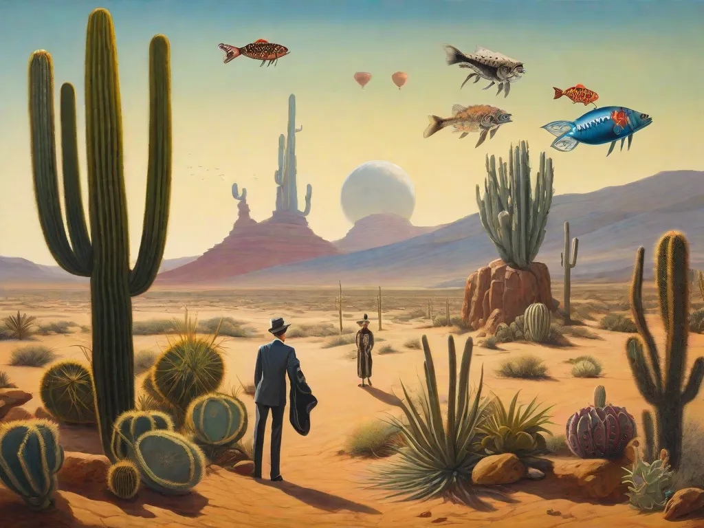 Descrição da imagem: Uma pintura surrealista de Murilo Rubião retrata uma vasta paisagem desértica, com cactos imponentes que possuem rostos humanos e membros alongados. O céu está cheio de objetos flutuantes, como relógios, guarda-chuvas e bules, desafiando a gravidade. No primeiro plano, um homem com cabeça de peixe caminha sobre pernas de pau,