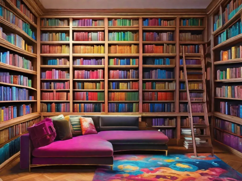 Uma vibrante pintura de uma estante de livros, cheia de livros coloridos de diferentes tamanhos e gêneros. Cada livro é adornado com ilustrações intricadas que dão vida às histórias. As prateleiras se estendem ao longo do horizonte, simbolizando as infinitas possibilidades e conexões entre a literatura e as artes visuais na cena atual de 2023.