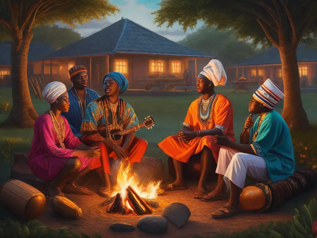 Descrição da imagem: Uma pintura vibrante retratando um grupo de pessoas vestidas com trajes tradicionais Yoruba coloridos, envolvidas em uma discussão animada em uma biblioteca. As prateleiras estão cheias de livros escritos por autores afro-brasileiros, mostrando a rica influência da cultura Yoruba na literatura afro-brasileira.