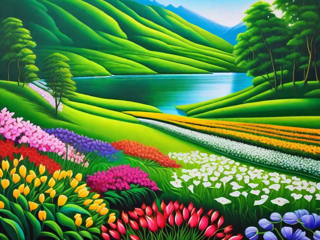 Descrição da imagem: Uma pintura vibrante que retrata a essência da Índia de acordo com as obras de Rabindranath Tagore. A imagem mostra uma paisagem serena com campos verdejantes, montanhas majestosas e um rio fluindo. No primeiro plano, flores coloridas florescem, simbolizando a rica diversidade cultural e a harmonia espiritual que Tagore frequentemente retratava em seus escritos