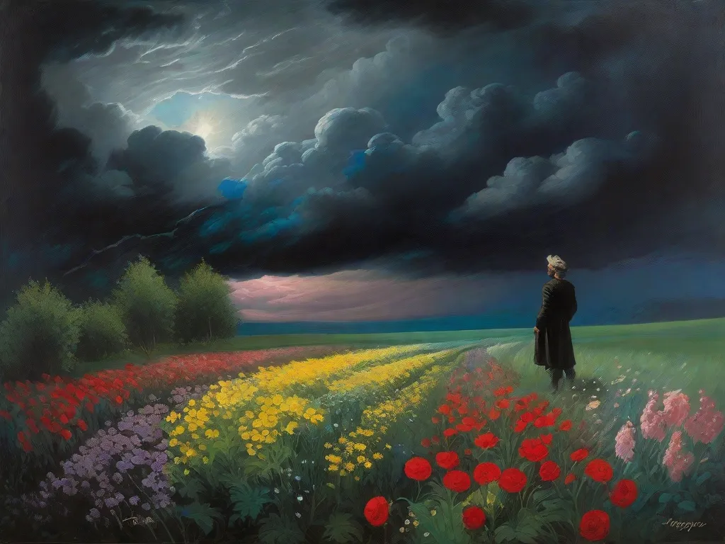 Descrição da imagem: Uma pintura vibrante retratando uma noite tempestuosa com nuvens escuras rodopiando no céu. Em primeiro plano, uma figura solitária fica de braços abertos, simbolizando o espírito da revolução. A figura está cercada por flores em flor, representando os elementos românticos na obra de Victor Hugo. O contraste entre a atmosfera tumultuada e a beleza