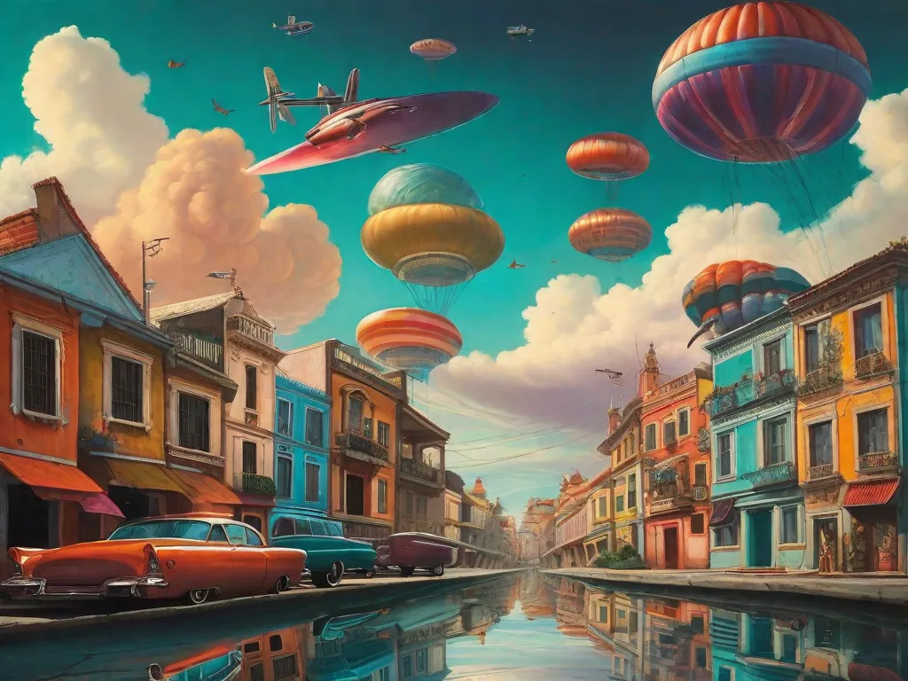 Descrição da imagem: Uma pintura surrealista de Murilo Rubião, retratando uma paisagem urbana com prédios flutuantes e perspectivas distorcidas. O céu está cheio de cores vibrantes e objetos peculiares, enquanto as ruas são povoadas por criaturas híbridas e veículos incomuns. A cena como um todo exala uma atmosfera onírica, convidando os espectadores a explor