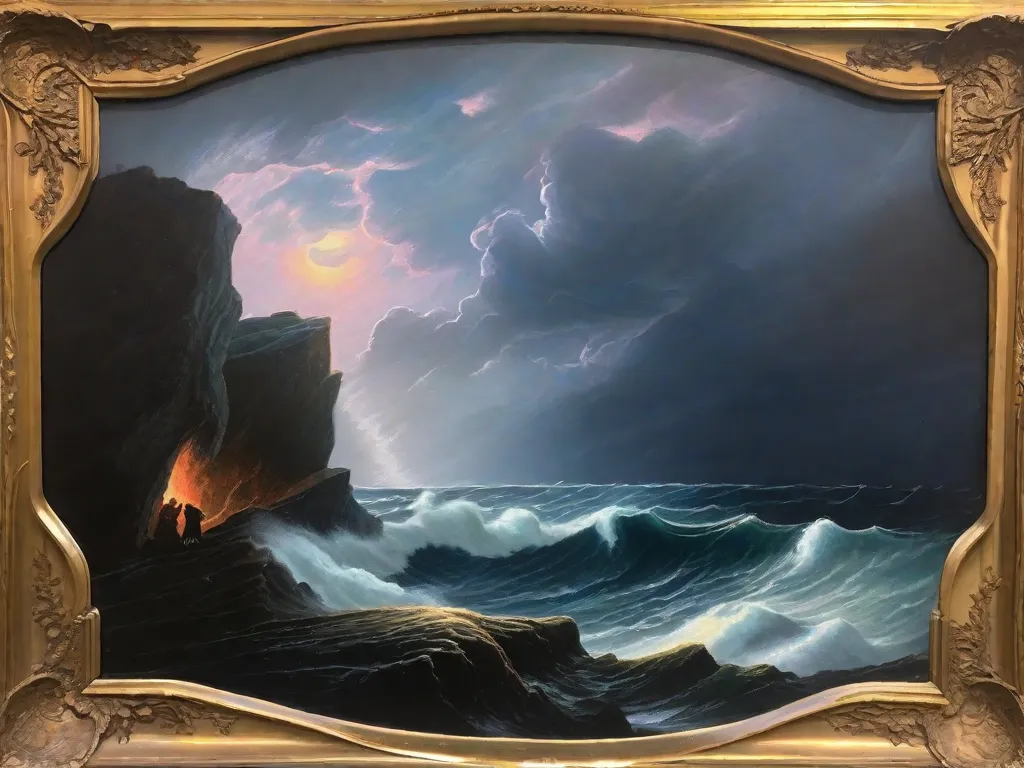 Descrição da imagem: Uma pintura vibrante que retrata um céu tempestuoso com nuvens escuras girando sobre um mar turbulento. No primeiro plano, uma figura solitária está em pé em um penhasco rochoso, sua silhueta iluminada por um raio de luz que atravessa as nuvens. Essa imagem simboliza a habilidade de Victor Hugo de fundir a intensidade emocional do romantismo com