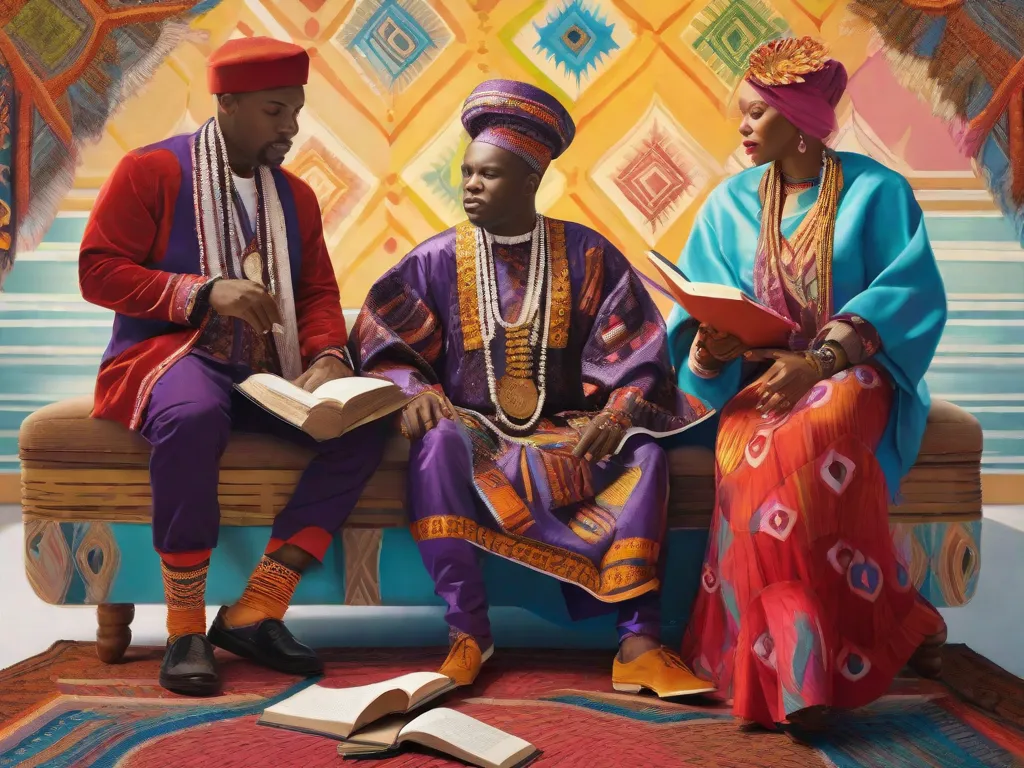 Descrição da imagem: Uma pintura vibrante retratando um grupo de pessoas vestidas com trajes tradicionais iorubás, cercadas por padrões e símbolos coloridos. Eles estão envolvidos em uma discussão animada, com livros e penas espalhados ao redor deles, simbolizando a fusão da cultura iorubá e da literatura afro-brasileira.