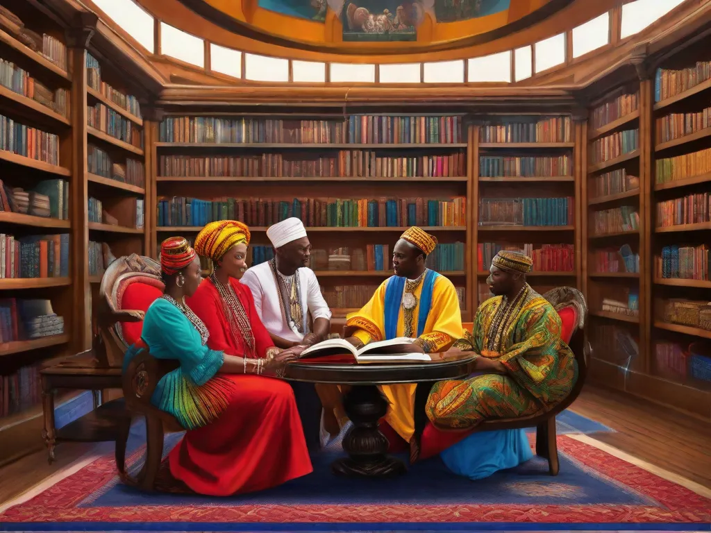 Descrição da imagem: Uma pintura vibrante retratando um grupo de pessoas vestidas com trajes tradicionais Yoruba coloridos, envolvidas em uma discussão animada em uma biblioteca. As prateleiras estão cheias de livros escritos por autores afro-brasileiros, mostrando a rica influência da cultura Yoruba na literatura afro-brasileira.
