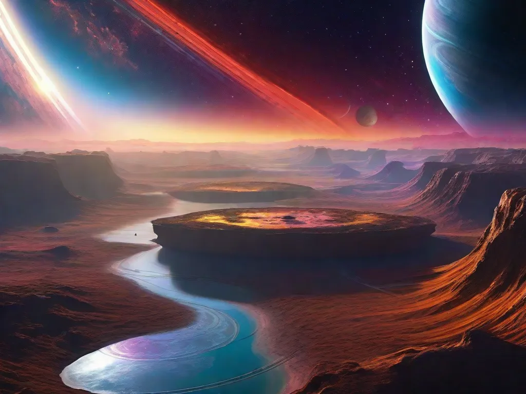 Descrição da imagem: Uma vista hipnotizante de um planeta distante, com suas cores vibrantes e nuvens em turbilhão. Satélites e naves espaciais deslizam graciosamente pela vastidão do espaço, exibindo a imaginação ilimitada e as ideias visionárias de Arthur C. Clarke. Seu legado na ficção científica espacial continua a inspirar e cativar leitores