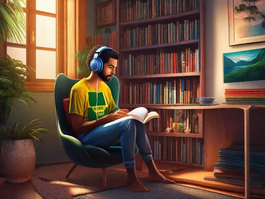 Uma imagem vibrante de uma pessoa usando fones de ouvido, sentada em um canto aconchegante com uma estante cheia de literatura brasileira ao fundo. A pessoa está envolvida em ouvir um podcast sobre literatura brasileira, simbolizando o papel influente dos podcasts na promoção e popularização da literatura brasileira em 2023.