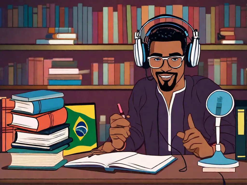 Uma imagem vibrante de uma pessoa usando fones de ouvido, sentada em frente a um microfone, cercada por livros. A pessoa está gravando um episódio de podcast discutindo e promovendo a literatura brasileira. Os livros representam a variedade de gêneros e autores, simbolizando o poder dos podcasts em divulgar a literatura brasileira em 2023.