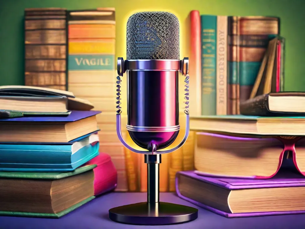 Uma imagem vibrante de uma pessoa usando fones de ouvido, sentada em um canto aconchegante com uma estante cheia de literatura brasileira ao fundo. A pessoa está envolvida em ouvir um podcast sobre literatura brasileira, simbolizando o papel influente dos podcasts na promoção e popularização da literatura brasileira em 2023.