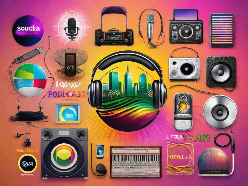 Uma imagem vibrante que apresenta uma variedade diversificada de logotipos de podcasts, cada um representando um gênero ou tema diferente dentro da literatura brasileira. Os logotipos estão rodeados por ondas sonoras, simbolizando o poder dos podcasts em amplificar e disseminar a literatura brasileira para um público global em 2023.