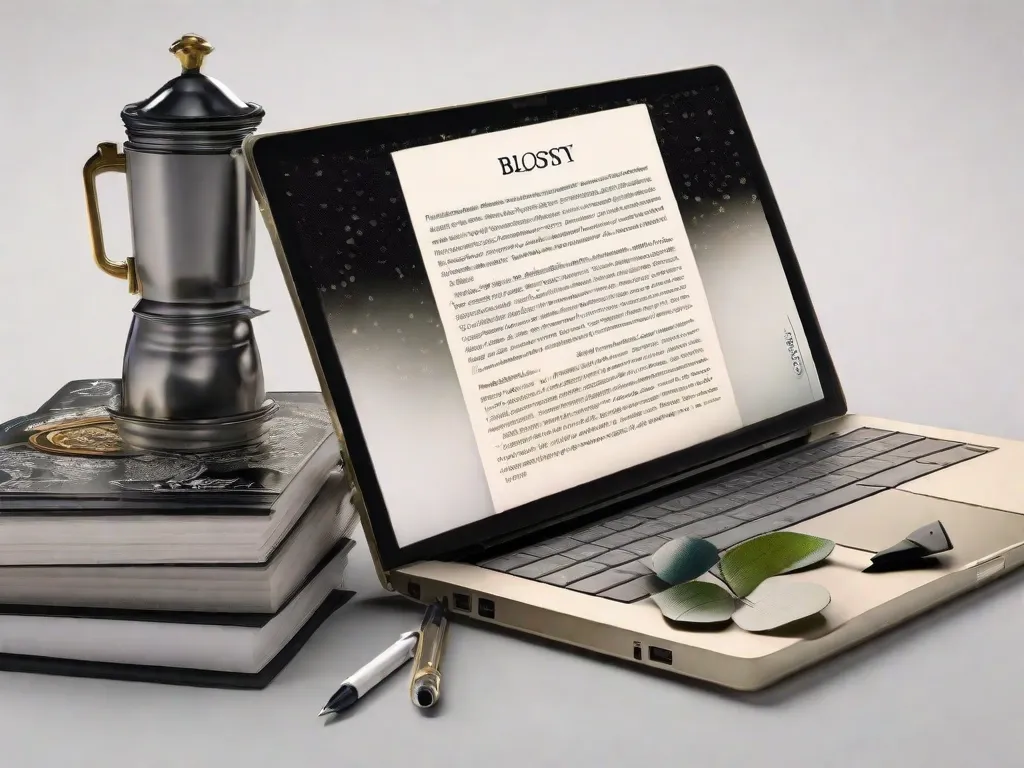 A era digital abriu novas possibilidades para os poetas mostrarem seu trabalho. Uma imagem de uma tela de laptop exibindo um blog de poesia, com uma caneta estilizada e um tinteiro ao lado, simboliza a fusão de formas tradicionais e modernas de poesia na era digital.