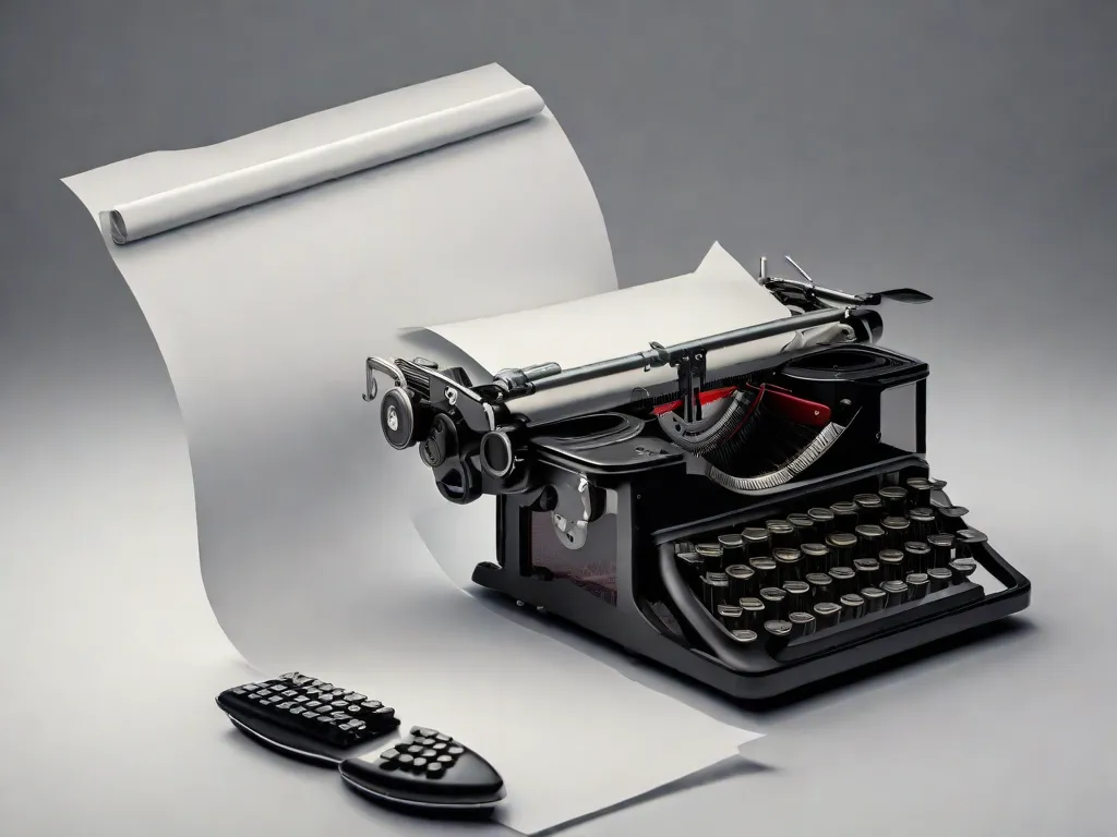 Uma fotografia em close-up de uma máquina de escrever, com uma folha em branco inserida e as teclas prontas, em antecipação. A imagem captura a essência da poesia moderna, simbolizando o surgimento de vozes novas e inovadoras prontas para preencher a página com suas expressões e perspectivas únicas.