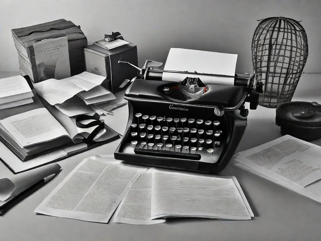 Uma fotografia em preto e branco de uma máquina de escrever, com uma folha de papel desenrolada, exibindo uma coleção de poemas de Carlos Drummond de Andrade. A máquina de escrever está cercada por papéis amassados espalhados, simbolizando as múltiplas facetas e o processo criativo do renomado poeta brasileiro.