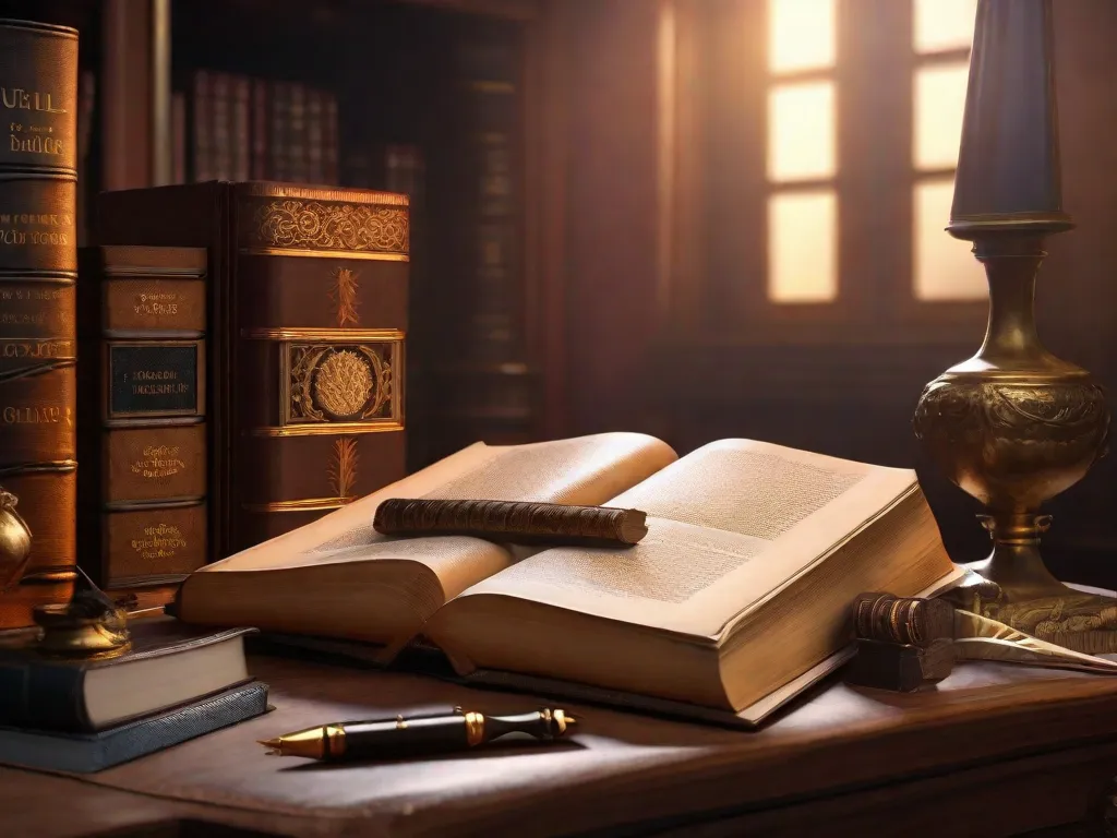 Enquanto o sol se põe atrás de uma majestosa biblioteca, um livro com capa de couro desgastado está aberto em uma mesa de madeira. As páginas estão preenchidas com caligrafia elegante, contando a cativante história de vida de uma figura histórica. Penas de escrever e frascos de tinta cercam o livro, simbolizando a arte de criar biografias ines