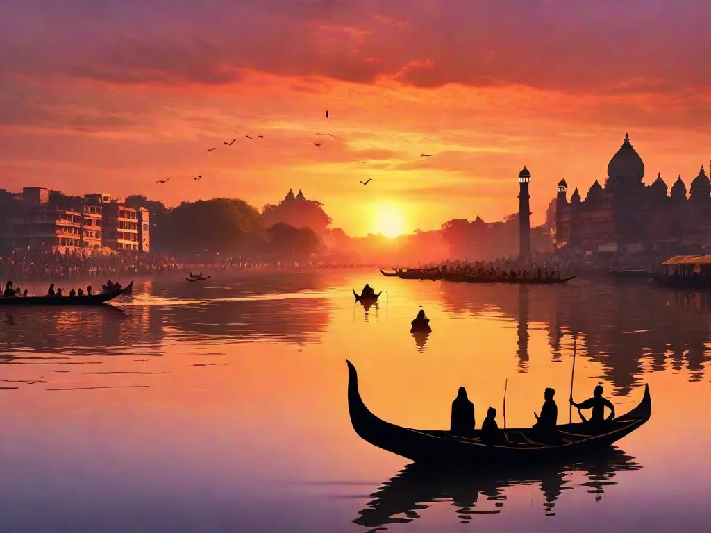 Descrição da imagem: Um pôr do sol vibrante sobre o rio Ganges em Varanasi, Índia. Os tons dourados do céu refletem nas águas calmas, enquanto silhuetas de pessoas podem ser vistas realizando rituais na margem do rio. A imagem captura a essência espiritual e a beleza atemporal que Tagore frequentemente retrata em seus escritos sobre a Índia