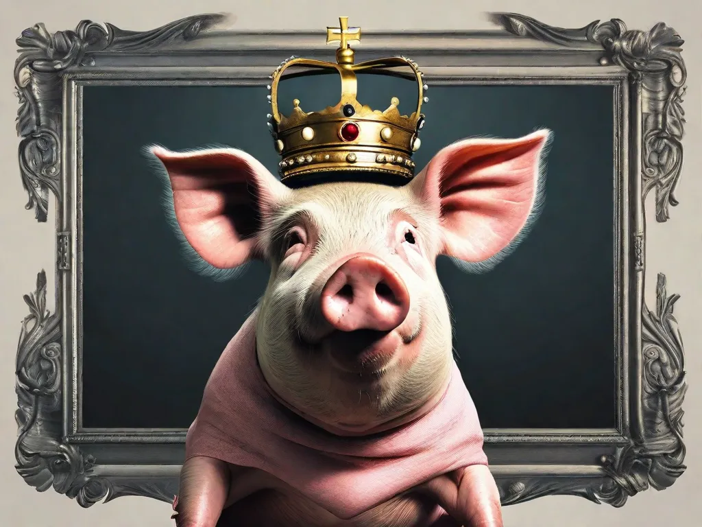 Uma imagem em close-up de um porco usando uma coroa, representando o personagem de Napoleão no livro 
