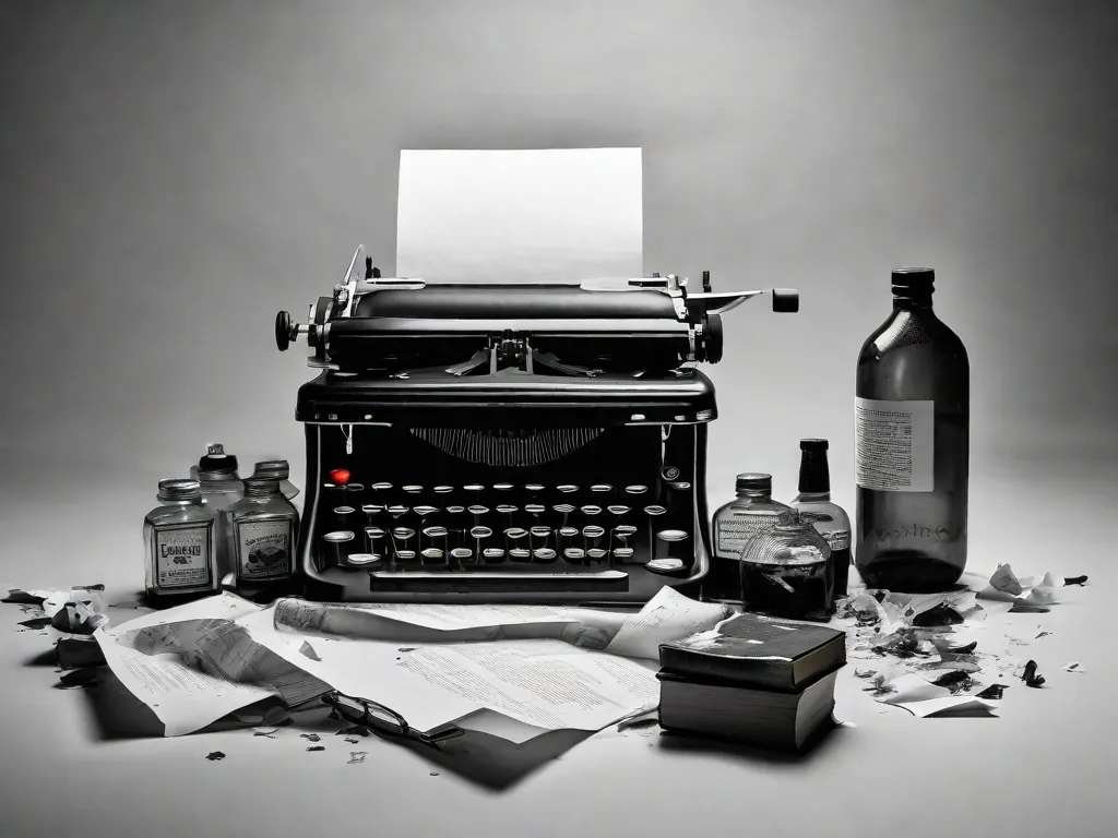 Uma fotografia em preto e branco de uma máquina de escrever com um pedaço de papel amassado ao lado. A imagem captura a atmosfera sombria da literatura do pós-Primeira Guerra Mundial, simbolizando o impacto profundo da guerra na palavra escrita.