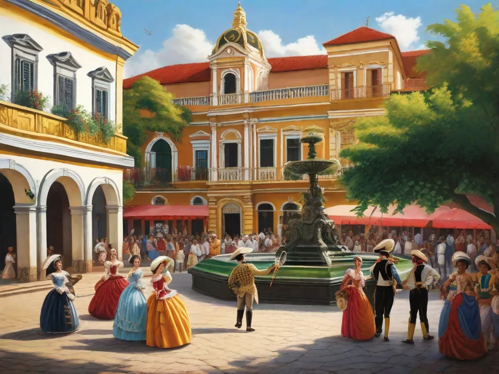 Descrição da imagem:
Uma vibrante pintura de uma praça de uma cidade brasileira da era colonial, movimentada com atividade. A arquitetura reflete a influência do estilo barroco, caracterizado por detalhes ornamentados, linhas curvas e adornos dramáticos. Pessoas em trajes tradicionais se reúnem ao redor de uma fonte central, enquanto músicos tocam melodias animadas, captur
