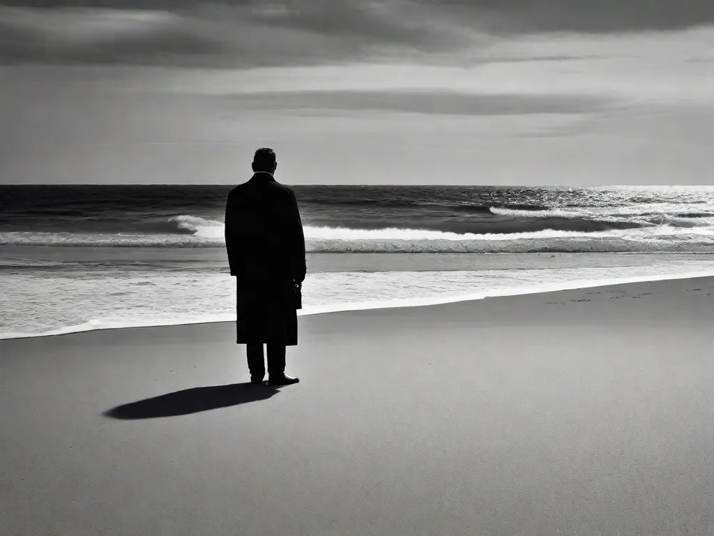 Descrição da imagem: Uma fotografia em preto e branco de uma figura solitária em pé em uma praia desolada, de frente para a imensidão do oceano. A pessoa está cercada por uma sensação de isolamento e contemplação, simbolizando os temas existenciais explorados no romance 'O Estrangeiro' de Albert Camus.