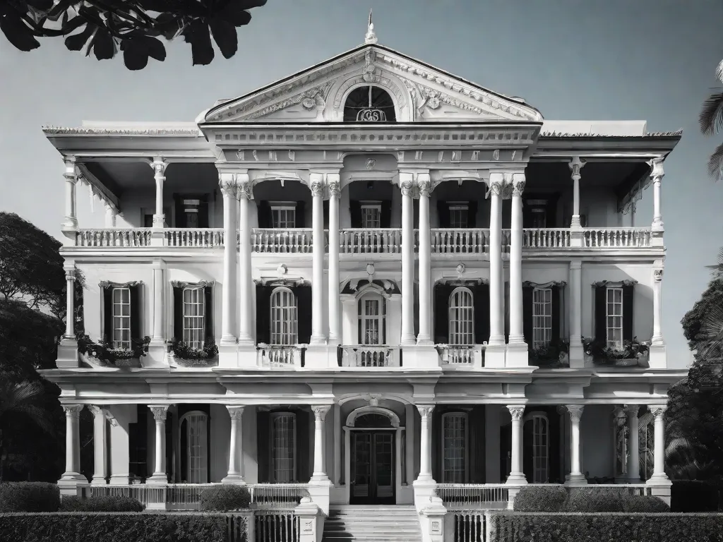 Descrição da imagem: Uma fotografia em preto e branco de um imponente edifício de estilo colonial com detalhes arquitetônicos intricados. O prédio se destaca contra um céu azul claro, mostrando a influência da arquitetura barroca no Brasil.