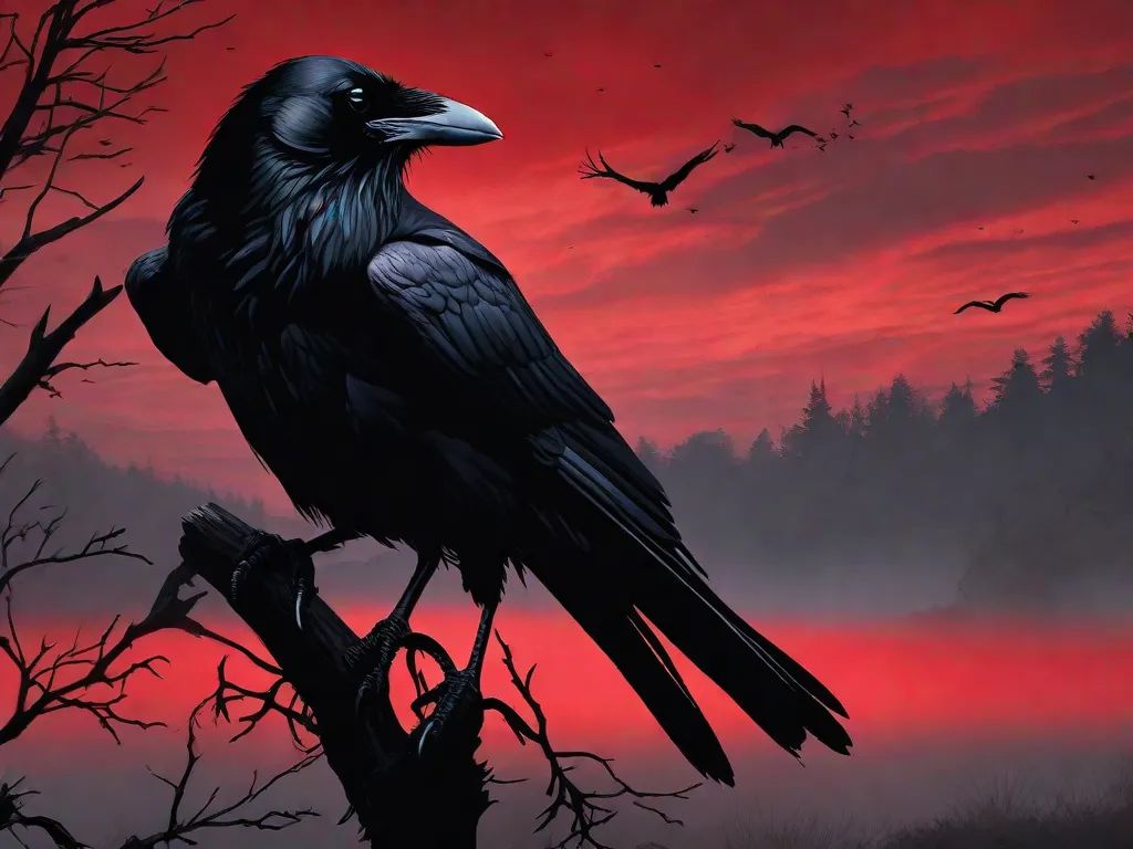 Um corvo negro pousou em um galho de árvore ressequido, seus olhos pequenos encarando o abismo. As penas escuras refletem a alma atormentada do protagonista, enquanto a árvore estéril simboliza sua desolação. O corvo personifica a morte e a presença assombrosa que acompanha o narrador ao longo do poema.