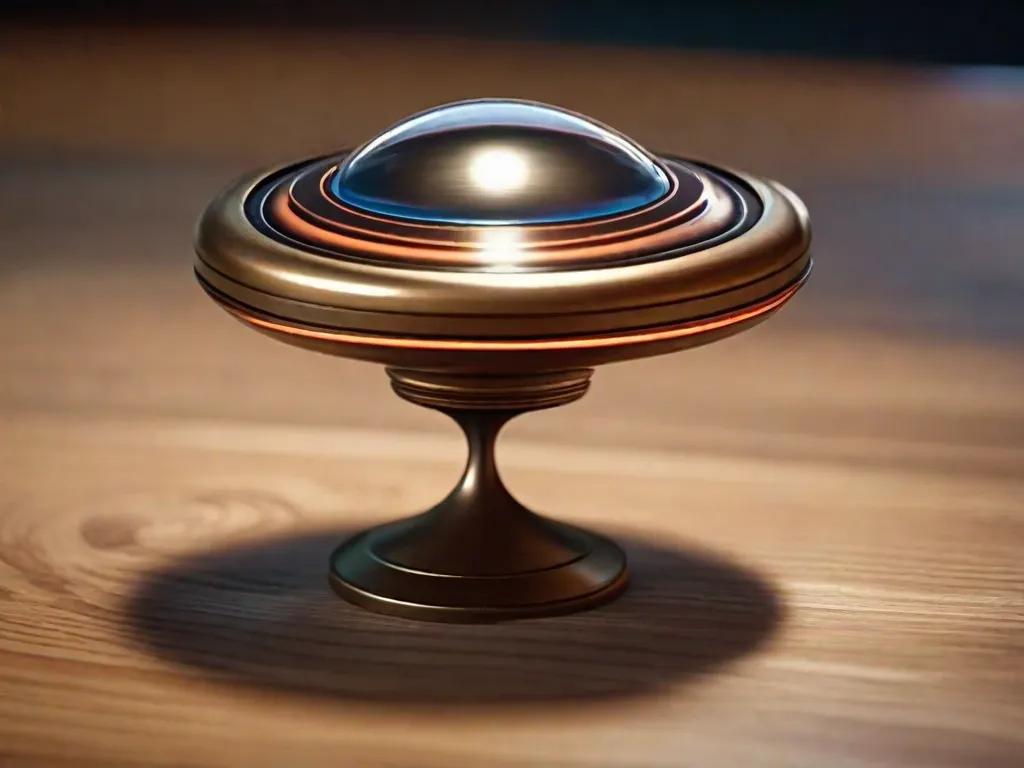 Uma imagem em close-up de um pião girando em uma mesa de madeira, simbolizando o conceito de realidade e sonhos dentro de sonhos. O pião está perfeitamente equilibrado, representando o delicado equilíbrio entre a mente consciente e subconsciente explorado no filme 'A Origem'.