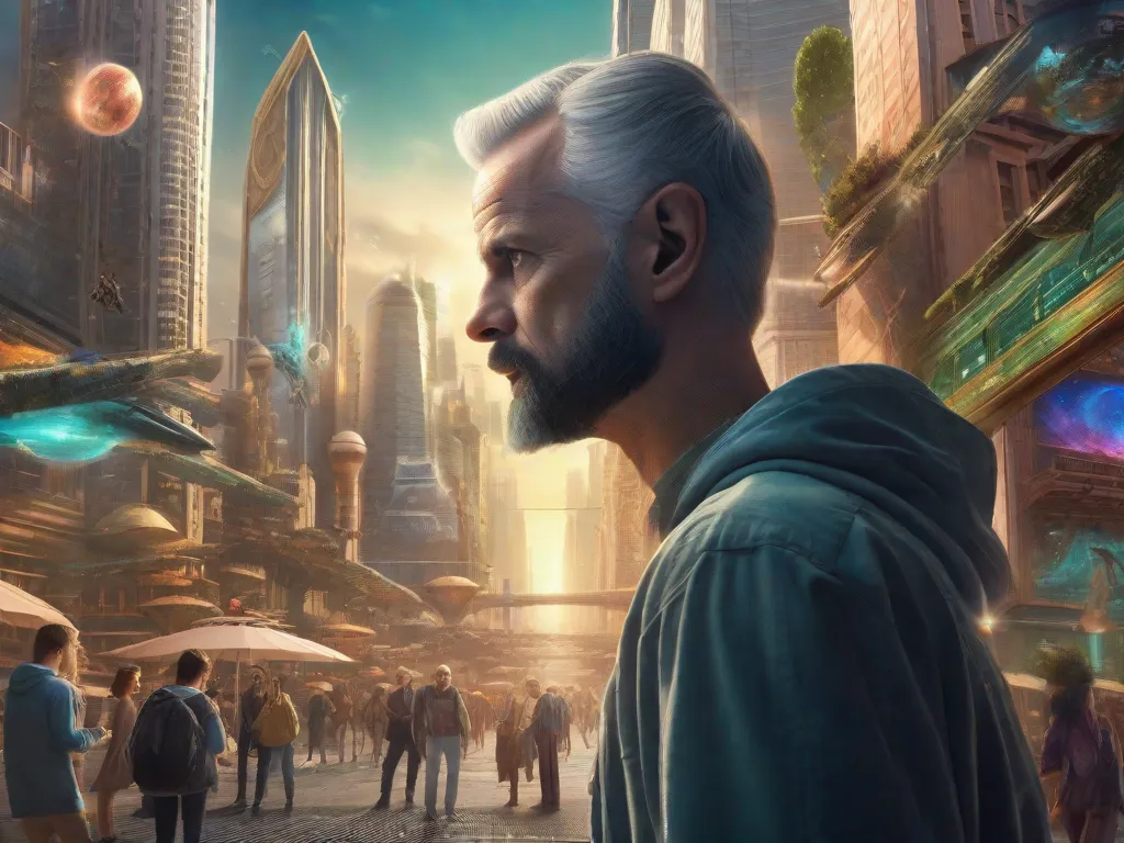 A visão de Philip K. Dick sobre realidades paralelas é retratada em uma imagem onde múltiplas versões da mesma pessoa coexistem em uma paisagem urbana lotada. Cada indivíduo está envolvido em atividades diferentes, representando os caminhos e possibilidades diversas que existem dentro de dimensões paralelas. A imagem captura o senso de mistério e intriga que envolve o conce