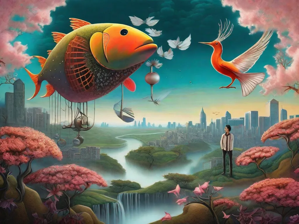 Descrição da Imagem:
Numa paisagem onírica, um relógio derrete e se estica pelo céu, suas ponteiras se transformam em galhos que brotam flores vibrantes. Um peixe com asas flutua acima, enquanto um homem com cabeça de pássaro contempla uma paisagem urbana de cabeça para baixo. O surrealismo ganha vida na obra de Murilo Rubião, borrando as front