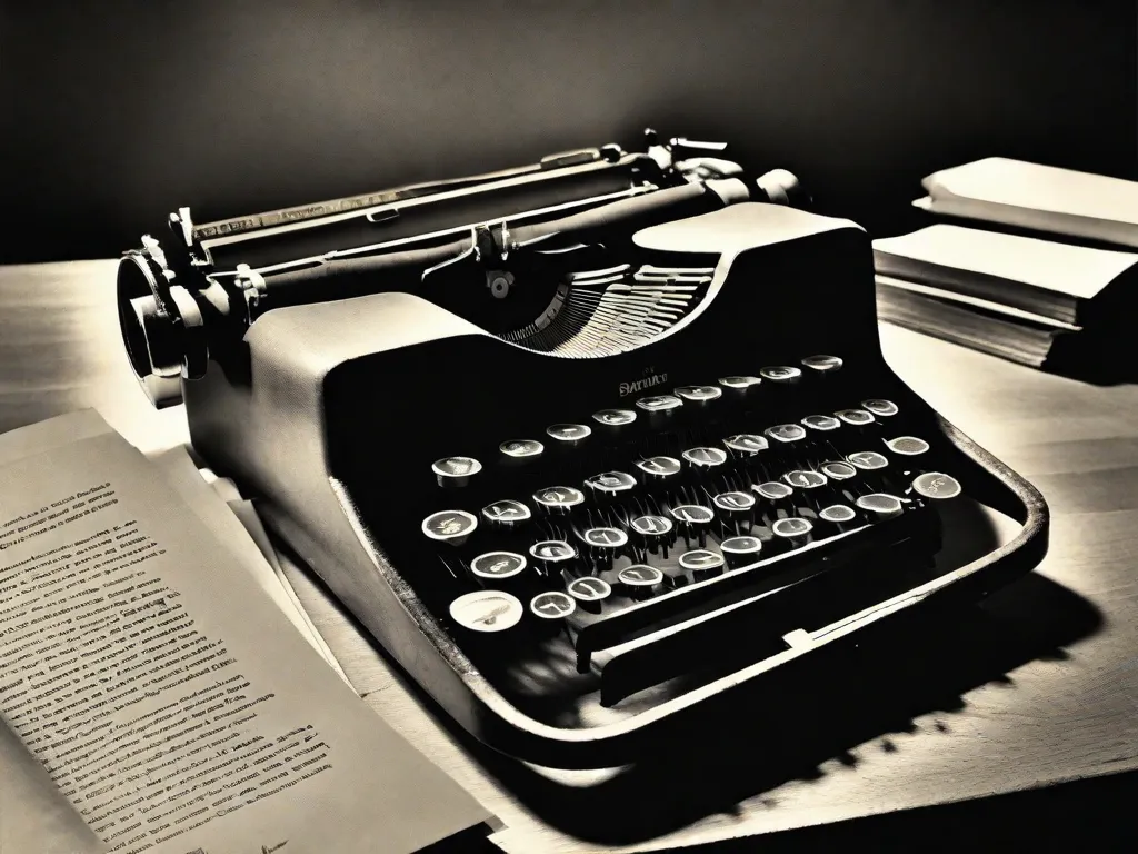 Descrição da imagem:
Uma fotografia em preto e branco de uma máquina de escrever com uma folha de papel em branco inserida, simbolizando o poder da literatura para documentar e expor a ditadura no Brasil. A máquina de escrever está sobre uma mesa de madeira, cercada por livros que representam as vozes dos escritores que corajosamente se manifestaram contra o regime. A imagem captura a