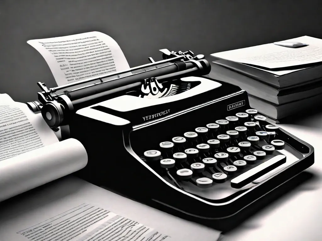 Uma imagem em preto e branco de uma máquina de escrever com um pedaço de papel inserido nela, destacando o poder das palavras como forma de resistência. As mãos de um escritor anônimo estão prontas acima do teclado, prontas para criar obras literárias que desafiam e desafiam a censura.