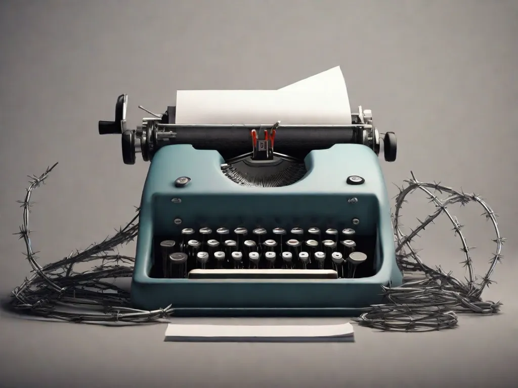 Uma imagem de uma máquina de escrever com uma página em branco, cercada por arame farpado, simbolizando o poder das palavras e da literatura para resistir à censura. A máquina de escrever representa a ferramenta usada por escritores corajosos para expressar seus pensamentos e ideias, apesar das forças opressivas que tentam silenciá-los.
