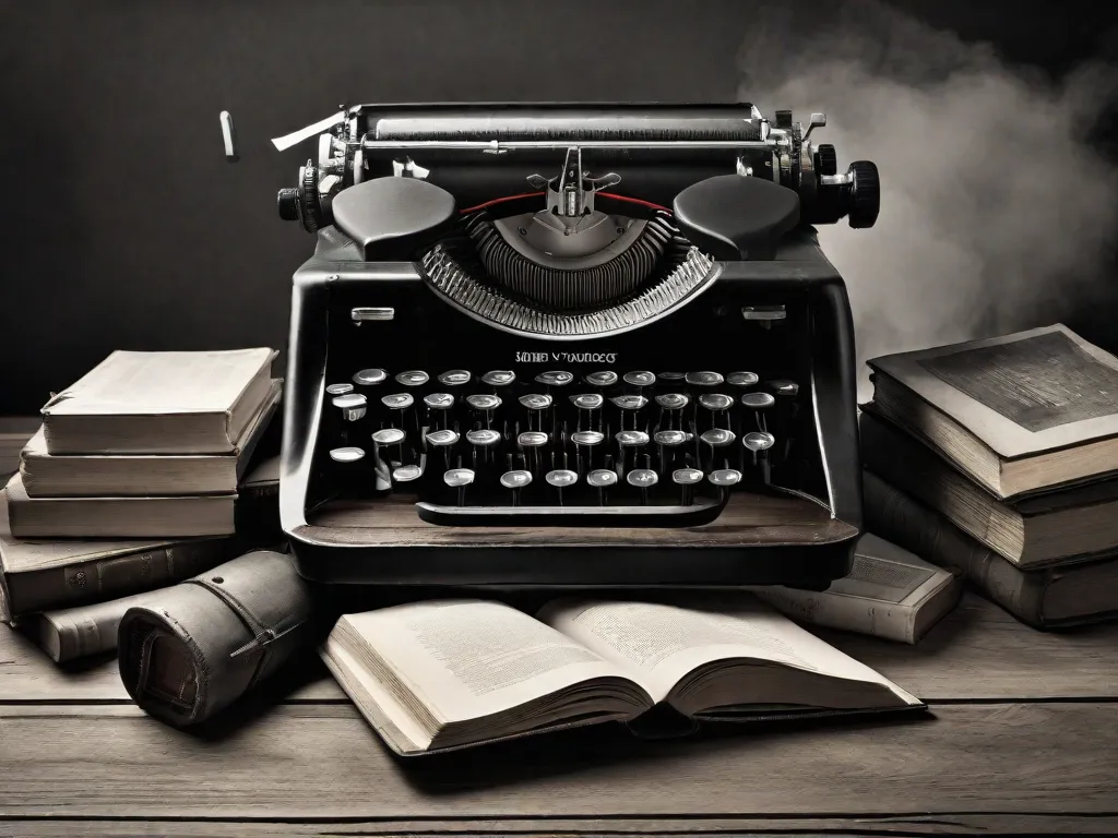 Uma fotografia em preto e branco de uma máquina de escrever desgastada em cima de uma mesa de madeira, com uma pilha de livros antigos ao lado. A imagem simboliza a resposta literária à Segunda Guerra Mundial, capturando o poder das palavras e da narrativa para transmitir as experiências, tragédias e resiliência daqueles impactados pela guerra.
