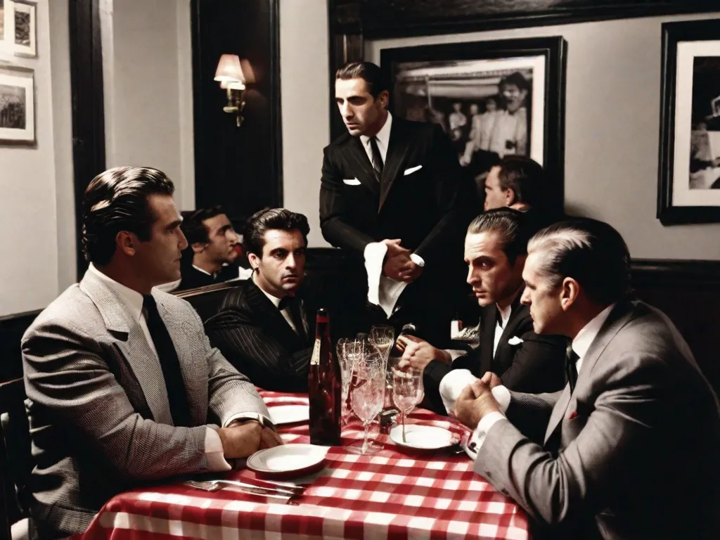 Descrição da Imagem:
Uma fotografia em preto e branco de um restaurante italiano com pouca iluminação, com toalhas de mesa quadriculadas vermelhas e cadeiras de madeira vintage. A imagem captura um grupo de homens em ternos sob medida, sentados ao redor de uma mesa, envolvidos em uma conversa intensa. Suas expressões sérias e gestos transmitem uma sensação