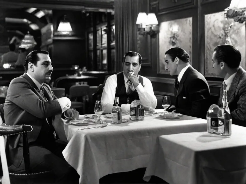 Descrição da Imagem: Uma fotografia em preto e branco de um restaurante italiano com pouca iluminação, com toalhas de mesa xadrez vermelhas e decoração vintage. Em primeiro plano, um homem bem vestido está sentado em uma mesa, fumando um charuto e rodeado por seus leais associados. A atmosfera exala um ar de segredo e poder, capturando a essência da M