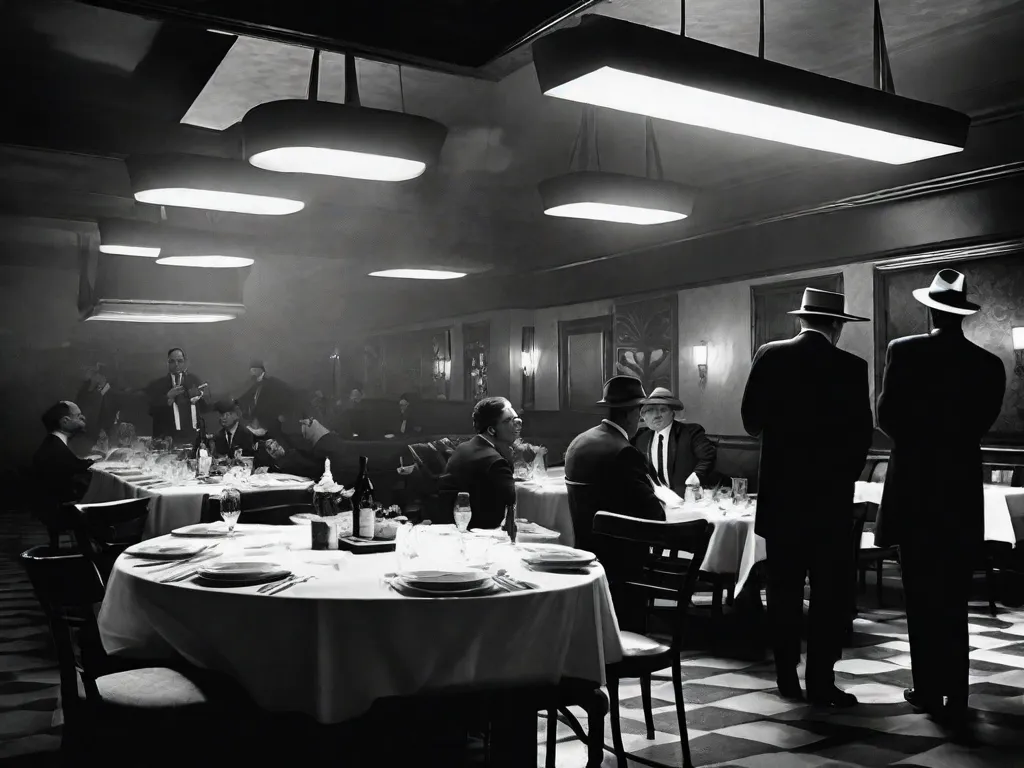 Descrição da Imagem: Uma fotografia em preto e branco de um restaurante italiano com pouca iluminação. A imagem mostra uma longa mesa coberta por uma toalha de mesa quadriculada vermelha, cercada por homens usando ternos elegantes e chapéus fedora. A fumaça dos charutos preenche o ar, adicionando ao clima de segredo e poder.