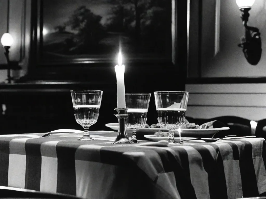 Descrição da Imagem: Uma fotografia em preto e branco de um restaurante italiano com pouca iluminação. A imagem mostra uma longa mesa coberta por uma toalha de mesa quadriculada vermelha, cercada por homens usando ternos elegantes e chapéus fedora. A fumaça dos charutos preenche o ar, adicionando ao clima de segredo e poder.