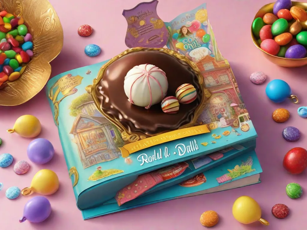 Descrição: Uma ilustração encantadora que mostra o mundo mágico dos clássicos livros infantis de Roald Dahl. No primeiro plano, um bilhete dourado travesso flutua acima de um mar de doces coloridos, enquanto personagens como Matilda, Willy Wonka e o BFG ganham vida ao fundo, convidando os leitores para uma aventura literária mágica.