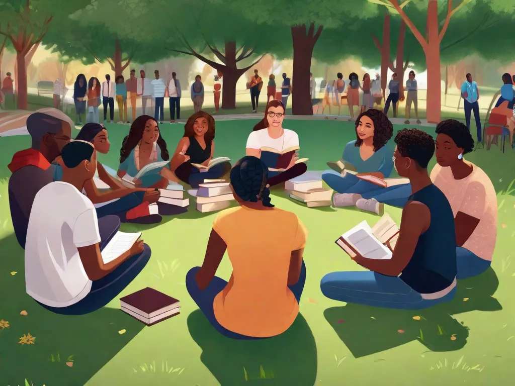 Descrição da imagem: Um grupo diversificado de indivíduos, representando diferentes raças, gêneros e origens, está reunido em um parque público. Eles estão sentados em círculo, envolvidos em uma conversa profunda, segurando livros em suas mãos. Os livros simbolizam o poder da literatura para incendiar discussões e inspirar ações em prol da justiça social